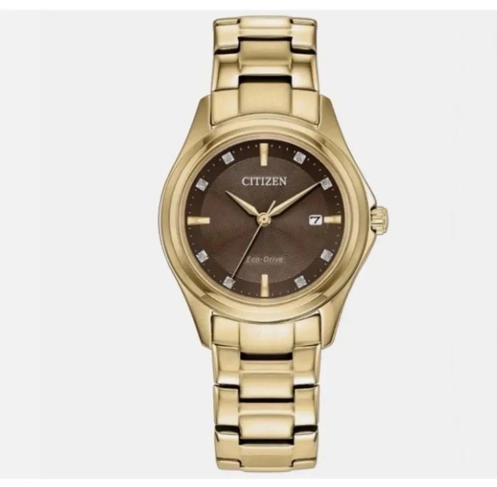 Citizen EcoDrive Ladies Dress Classic Gold Stainless Brown Dial Watch FE1138-88X